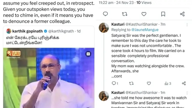மன்சூர் பிரச்சனை எரிந்துகொண்டு இருக்கும் வேலையில் அமைதிப்படை படத்தில் சத்யராஜுடன் நெருக்கமான காட்சியில் நடித்தது குறித்து கஸ்தூரி கூறிய விஷயம்.